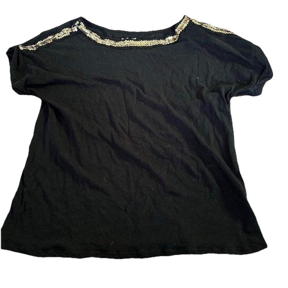 Bay Studio Women's Short Sleeve Shirt Black With Gold Beaded Neck Size S/PM